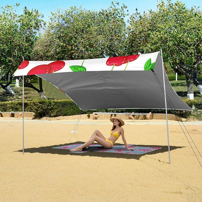 Beach Canopy with Windproof Ropes &amp Sandbags Beach Tent Sun Shade Sun Shelter for Camping Trips Fishing Backyard Fun or Picnics Red Cherries