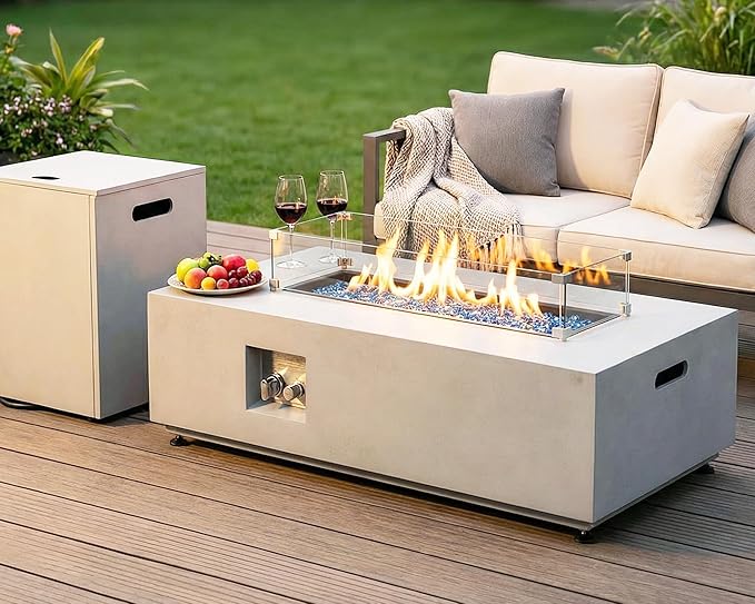 RADIATA 42” Rectangle Propane/Natural Gas Fire Pit for Outside Patio Elegant Minimalist Lowprofile Firepit Table with Tank Table Long Large 50000BTU Durable Sturdy Fireplace for Outside Urban White