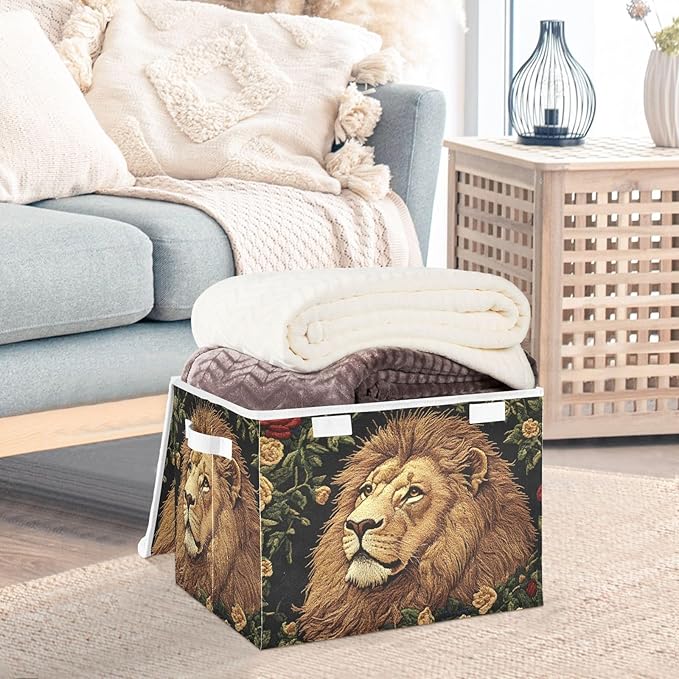 Storage Cube with Lid Lion with Floral Print 16.5×12.6×11.8 IN Collapsible Large Capacity Foldable Storage Basket Bin Organizer