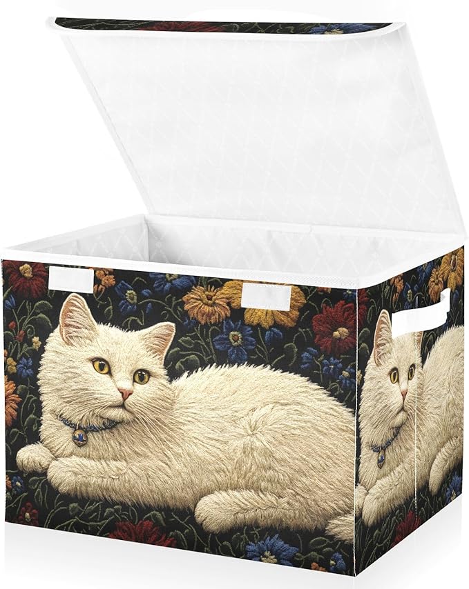 Storage Cube with Lid Floral Cat White Print 16.5×12.6×11.8 IN Collapsible Large Capacity Foldable Storage Basket Bin Organizer