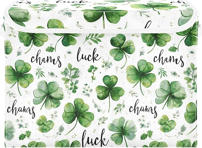 White Green Clover St. Patrick's Day Storage Box with Lid 1 PC Foldable Storage Bin with Lids Stackable Storage Bins Cube Closet Organizer Basket with Flip-Top Lid &amp Handles for Shoes Books Towels