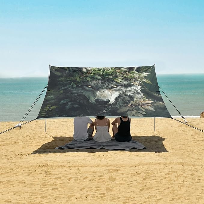 ALAZA Wolf King of Forest Beach Tent Sun Shelter UPF50+ Protection Beach Shade Canopy w/ 4 Sandbags for Outdoor Camping Fishing Backyard Fun Picnic 10x9 ft