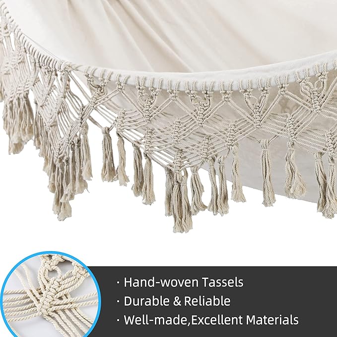 Indoor Hammock with Macrame Fringe for 2 PersonsDouble Boho Hammocks with TasselsPortable Cotton Rope Hamaca Swing with Travel Bag for OutsidePorchGardenPatioBackyardUp to 500lbs White