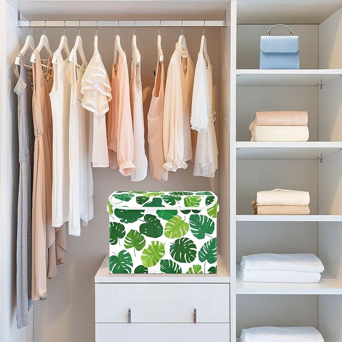 Dark Green Tropical Leaf Collapsible Storage Bins with Lids Decorative Fabric Cubes Closet Organizer Basket Boxes Containers for Clothes Box Chest Folding Rectangle