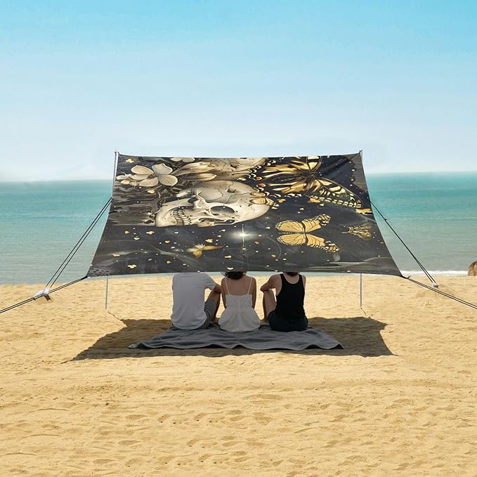 ALAZA Butterflies Skull Vintage Beach Tent Sun Shelter UPF50+ Protection Beach Shade Canopy w/ 4 Sandbags for Outdoor Camping Fishing Backyard Fun Picnic 10x9 ft
