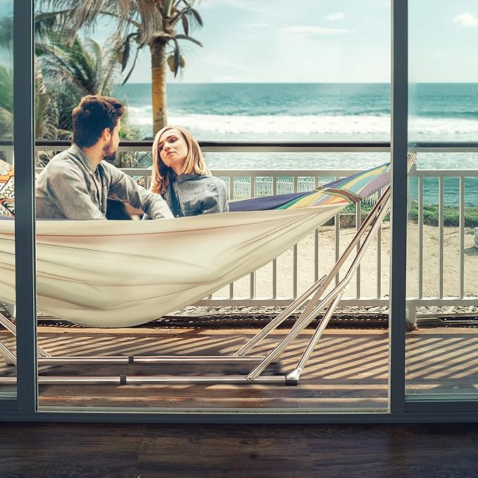 Tranquillo Double Hammock with Stand 550lb Capacity Double Hammock with Spreader Bar Solid Grade 201 Stainless Steel 30s Set Up Sturdy Flexible Hammock Stand Portable Outdoor Indoor Rainbow