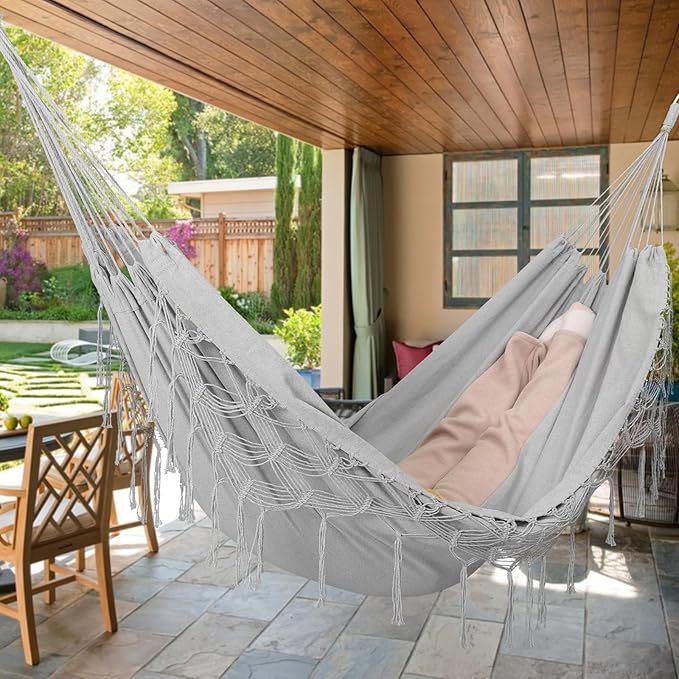 Double Boho Macrame Hammock with Elegant Tassels for Patio Yard Beach Wedding Decor Outdoor and Indoor Up to 450lbs Include Tie Ropes and Drawstring Bag