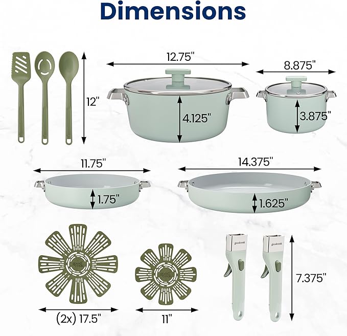 GoodCook Ceramic Cookware Set 14-Piece with Removable Handles Nonstick Pots &amp Pans Induction &amp Oven Safe Sage Green