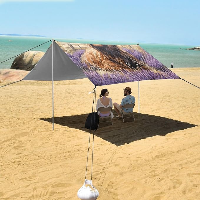 ALAZA Lavender Highland Cattle Beach Tent Sun Shelter Portable Canopy Sunshade for Outdoor Camping Picnics Backyard Fun 10x9 ft