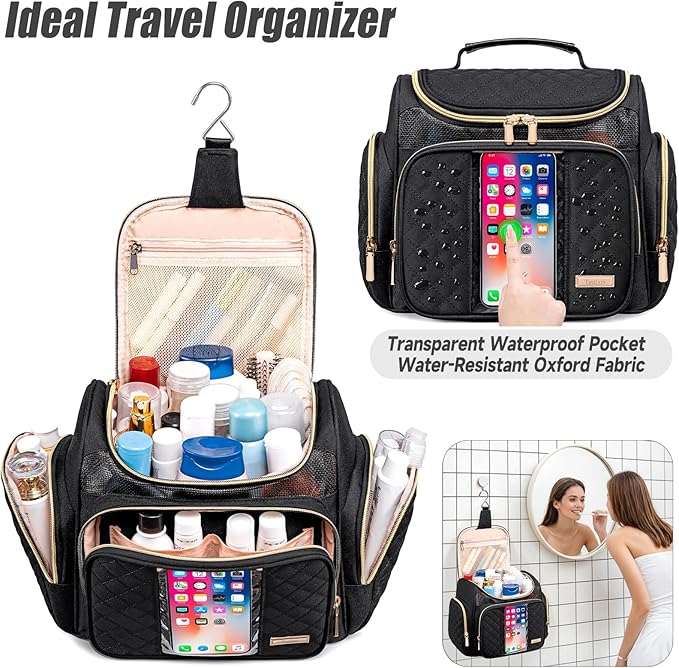 Large Toiletry Bag for Women MenBathroom BagWater Resistant Shower BagMakeup BagPortable Shower Caddy for College DormHanging Travel Toiletry Bag with Transparent Waterproof Phone Pocket