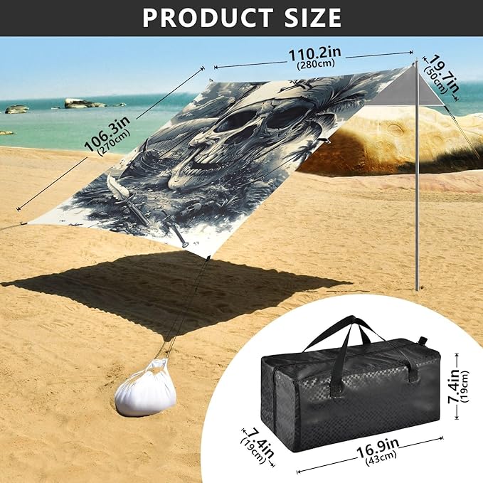 ALAZA Pirate Skulls Swords Sailing Ship Beach Tent Sun Shelter Portable Canopy Sunshade for Outdoor Camping Picnics Backyard Fun 10x9 ft