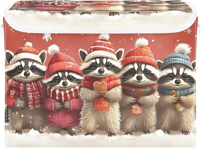 AIXIWAWA Lidded Storage Cube (Christmas Raccoon) Fabric Foldable Closet Bins with Flip Lid and Handles Organizer Basket Container 16.5 x 12.6 x 11.8 IN