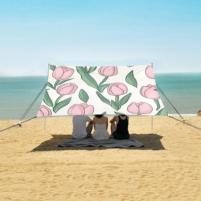 ALAZA Cute Doodle Pink Tulips Romantic Beach Tent Sun Shelter Portable Canopy Sunshade for Outdoor Camping Picnics Backyard Fun 10x9 ft