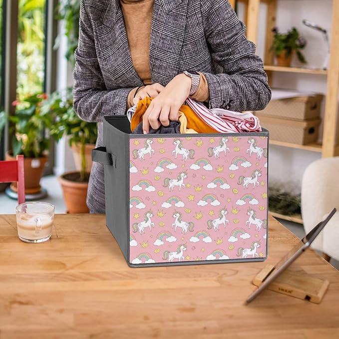 Collapsible Storage Box with Handles Cute Pink Unicorns Multi-Purpose Foldable Cube Bin for Pantry Garage Bathroom Quick-Fold Design for Easy Storage