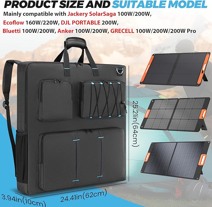 Solar Panel Storage Bag Compatible with Jackery SolarSaga 100W 200W/Anker 100W 200W/Ecoflow 160W 220W/Bluetti 100W 200W Travel Carrying Case for 2 Battery Panels Solar Panel Bag with Multiple Pocket
