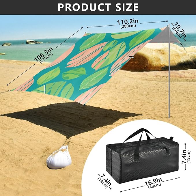 Beach Canopy with Windproof Ropes &amp Sandbags Beach Tent Sun Shade Sun Shelter for Camping Trips Fishing Backyard Fun or Picnics Leaf