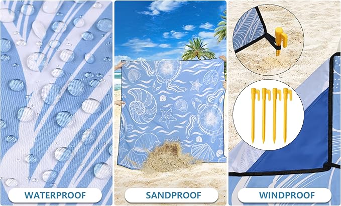 Beach Blanket Waterproof Sandproof Beach Mat 79 X 83/10'x9'for 2-8 Adults Quick Drying Outdoor Picnic Mat Beach Accessories for Travel Camping Hiking