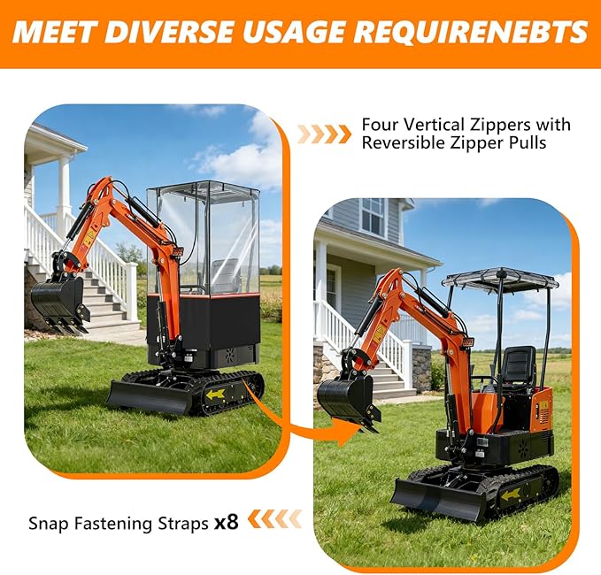 Mini Excavator Cover Transparent Anti-Wrinkle Excavator Cab Cover Fits Bobcat E20/Kubota U17 Models (1760-3530 lbs) Features Openable Windows Rollable on All Four Sides Safety Reflective Strips