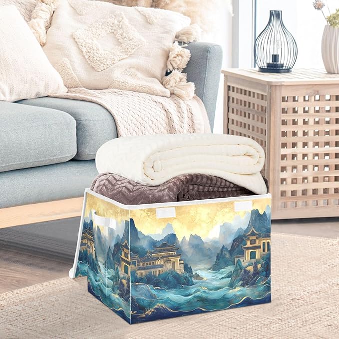 AIXIWAWA Lidded Storage Cube (Chinese Landscape) Fabric Foldable Closet Bins with Flip Lid and Handles Organizer Basket Container 16.5 x 12.6 x 11.8 IN