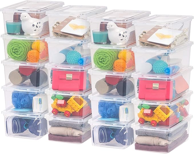 IRIS USA 20-Pack Storage Bins with Lids 6 Quart Shoe Boxes Clear Stackable Containers Organize Shoes Closet Shelves Classroom Organization Teacher Tools Game Storage - BPA-Free Plastic