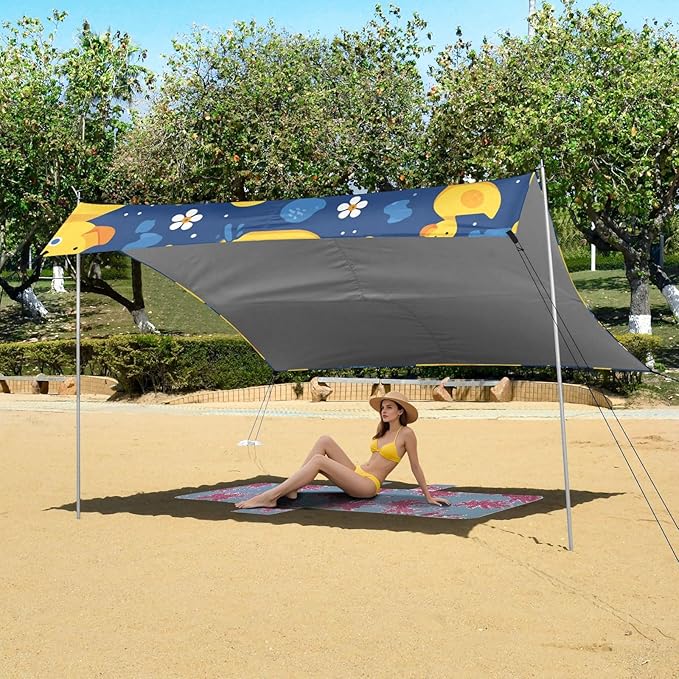 Yellow Duck Cartoon Foldable Beach Cabana UPF50+ Lightweight Portable Sun Shelter with Sandbags &amp Sand Shovel for Backyard and Camping