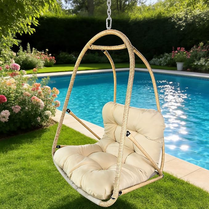 JESE Swing Egg Chair Without Standwith Removable Cup Holder - 300LBS Capacity All-Weather Hanging Chair for Indoor/Outdoor Patio Garden &amp BalconyKhaki
