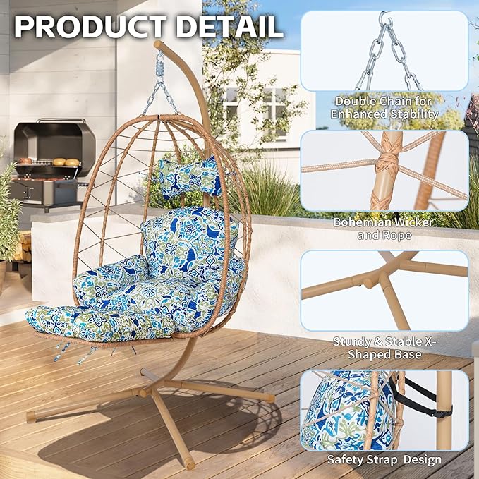 Hanging Egg Chair with Stand Outdoor Indoor Patio Rattan Swing Hammock Chairs with Washable Cushion PE Wicker Swing Chair for Backyard Bedroom Garden (Yellow + Floral Cushion with Footrest)