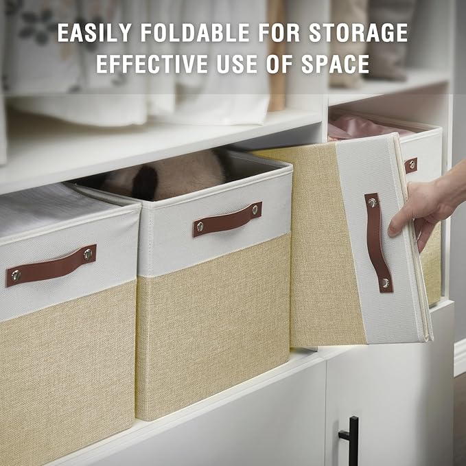 13x15x13 Storage Cube Bins Foldable Storage Organizer Baskets Fabric Cube Storage Boxes with 2 Reinforced PU Handles for Kallax Shelves Living Room | 4 Pack Beige &amp White