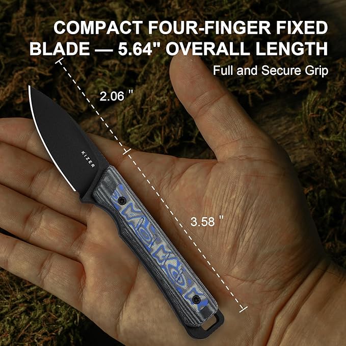 Kizer Whiskey Jack Fixed Blade Knife 2.06 Drop Point 10V Blade Hunting Knife with Kydex Sheath Black &amp Multicolored Norplex UltreX™ &amp vortex pattern micarta Handle EDC Knives for Camping Su