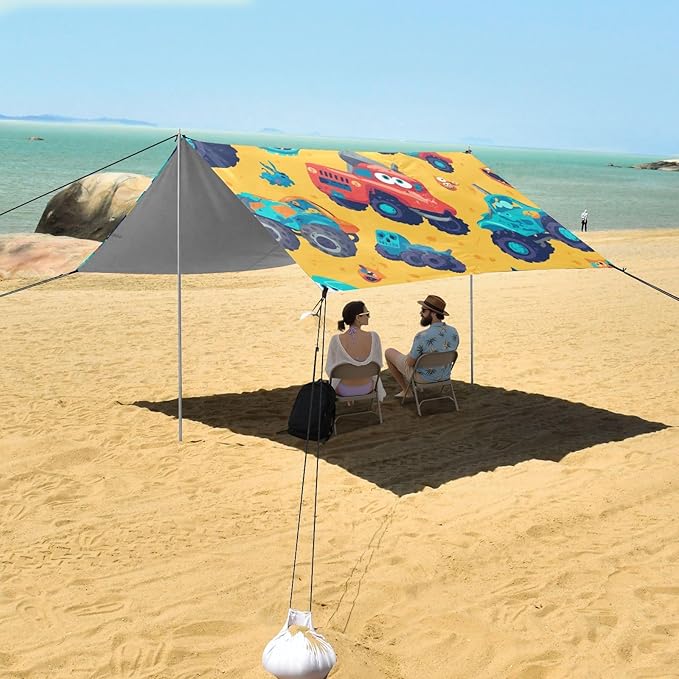 Hand Drawn Truck Car Pattern Cute Beach Canopy UPF50 Waterproof Sun Shelter Includes Sand Shovel Sandbags Stability Poles for Camping Picnics Backyard &amp Fishing