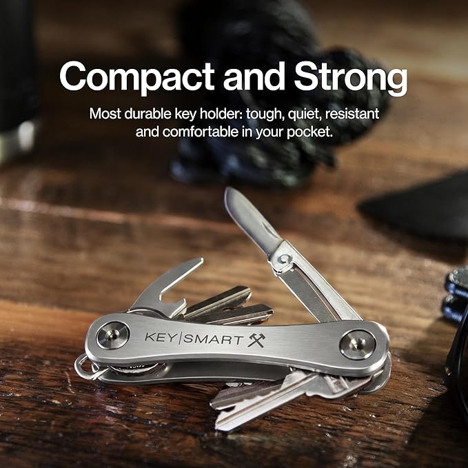 KeySmart Rugged - Multitool Key Holder for Keychain w/Bottle Opener and Pocket Clip Organizer for Keys EDC Keychains Ring for Car Fobs Key Chains Expandable (Up to 14 Keys Titanium)