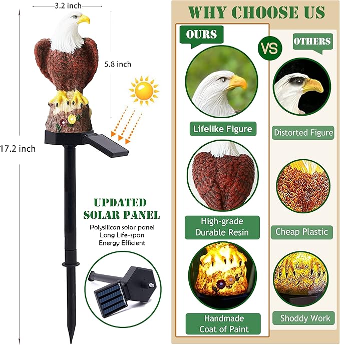 SmilingTown Solar Eagle Garden Decorations Outdoor Decorative Stake Lights IP65 Waterproof Bald Eagle Decor for Yard Patio Garden Lawn Halloween Christmas Party (2 Packs)