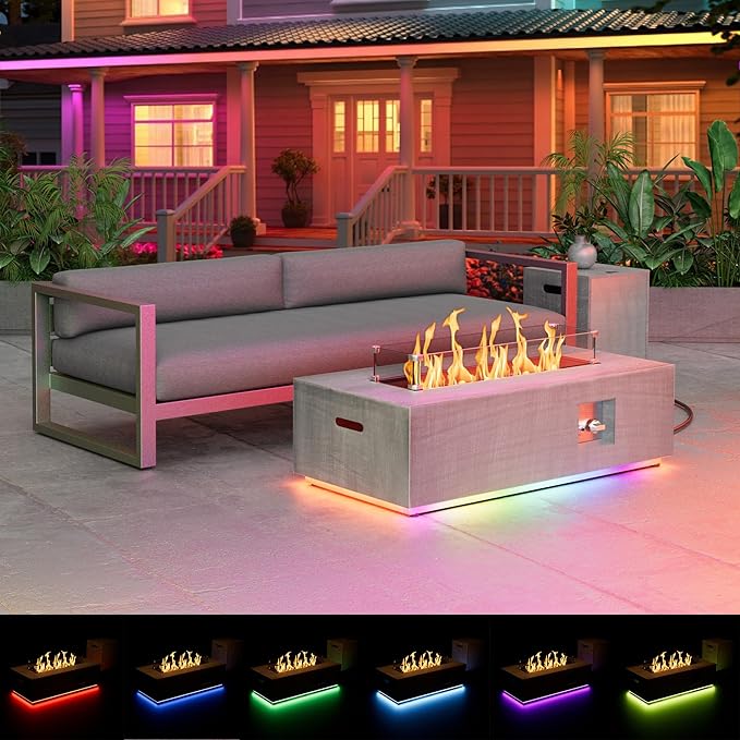 2-Piece 42 LED Rectangular Propane Fire Pit for Outside Patio with Hidden Tank Table 50000 BTU Fireplaces with Glass Wind Guard Lid Glass Rocks Cover(Light Grey w/RGB Light)