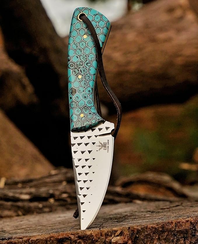 Break Edge Handcrafted Cowboy Hunting Knife with Leather Sheath Premium Handle Best Gift for Boy Friend and Father Day. (Silver &amp Torquise)