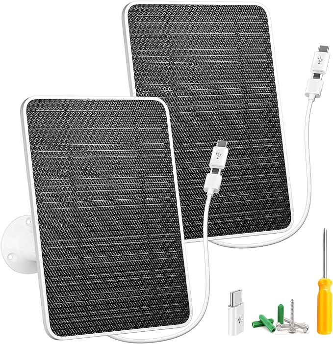 Solar Panel for Security Camera 5W USB Solar Panel for DC 5V Security Camera Micro USB &amp USB-C Port Solar Panel IP65 Waterproof Solar Charger for Camera360° Adjustable Mounting 13ft Cable 2 P