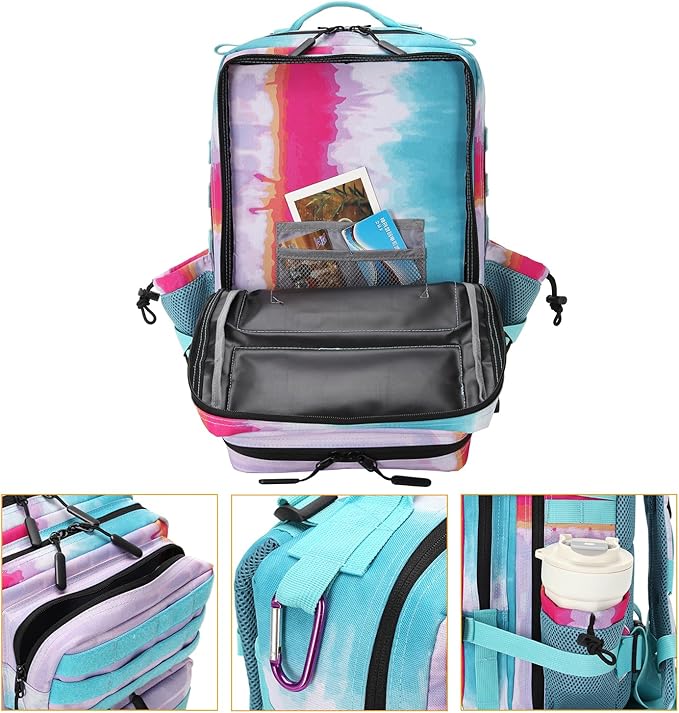 Lovelinks21 25L Tactical Military Backpack Small Travel Backpack for Men and Women Assault Pack Bug Out Bag Molle Daypack Gym Backpack with Bottle Holder (Rainbow Tie Dye)