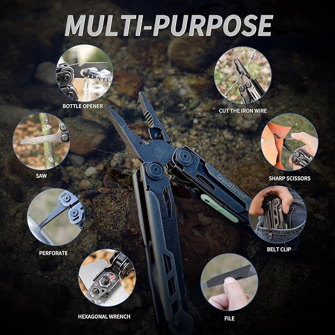 Multitool 25-in-1 Spring Loaded Pliers Multi Tool Each Tools with Safety Lock-Stainless Steel Multi-Tool Propylene Sheath Survival Gear for Camping Hiking Multi Plier Pocket Knife