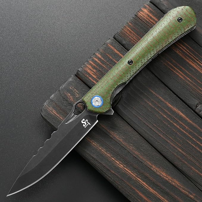 Sitivien ST145 Folding Pocket KnifeBlack Stonewashed 14C28N Steel BladeMicarta Handle EDC Tool Knife for Outdoor SurvivalCampingHikingHunting(Green) …