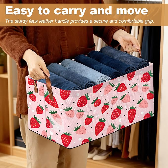 Storage Bin with Handles Cute Strawberry Collapsible Laundry Baskets for Books Laundry - Use in Nursery Closet Organizers and Storage Blanket Basket