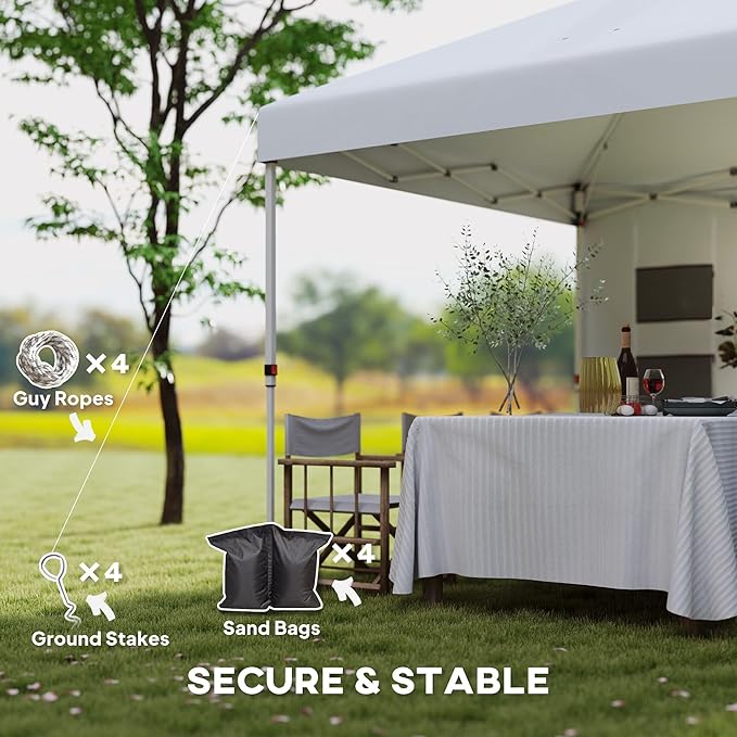 10'x10' Premium Quality Complete Height Adjustable Pop Up Canopy Tent with Sidewall Panels and Multiple Storage Pockets Pure White