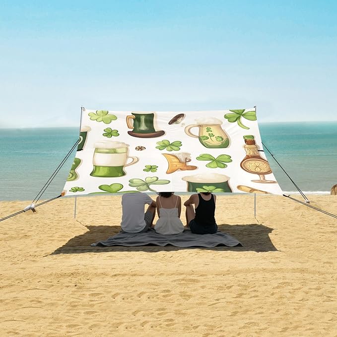 ALAZA St.Patrick's Day Clover Beer Elements Beach Tent Sun Shelter Portable Canopy Sunshade for Outdoor Camping Picnics Backyard Fun 10x9 ft