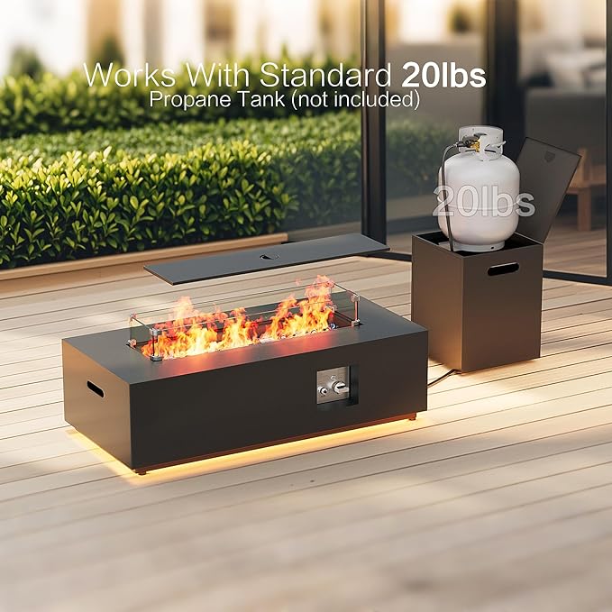 42 Outdoor Fire Pit Table 50000 BTU Gas Fire Pit with Glass Wind Guard Fire Stones Waterproof Cover Propane Fire Pit Table for Outside Patio (Warm Light Black)