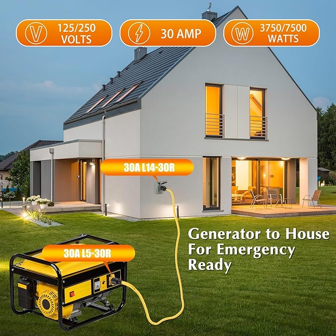 Kanayu 20ft NEMA L5-30P to L14-30R Generator Transfer Switch Adapter Cord 30 Amp Locking 3 Prong to 4 Prong Adapter RV Generator to House Inlet Box STW 10 AWG ETL Listed
