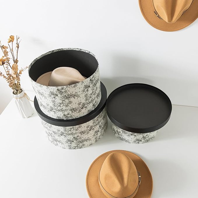 Soul &amp Lane Floral Hat Round Boxes with Lids Set of 3 Nesting Cardboard Hat Storage Large Black Print Cases Stacking Round Decorative Keepsake Boxes for Organizing