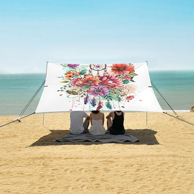 ALAZA Dreamcatcher Flowers Beach Tent Sun Shelter UPF50+ Protection Beach Shade Canopy w/ 4 Sandbags for Outdoor Camping Fishing Backyard Fun Picnic 10x9 ft