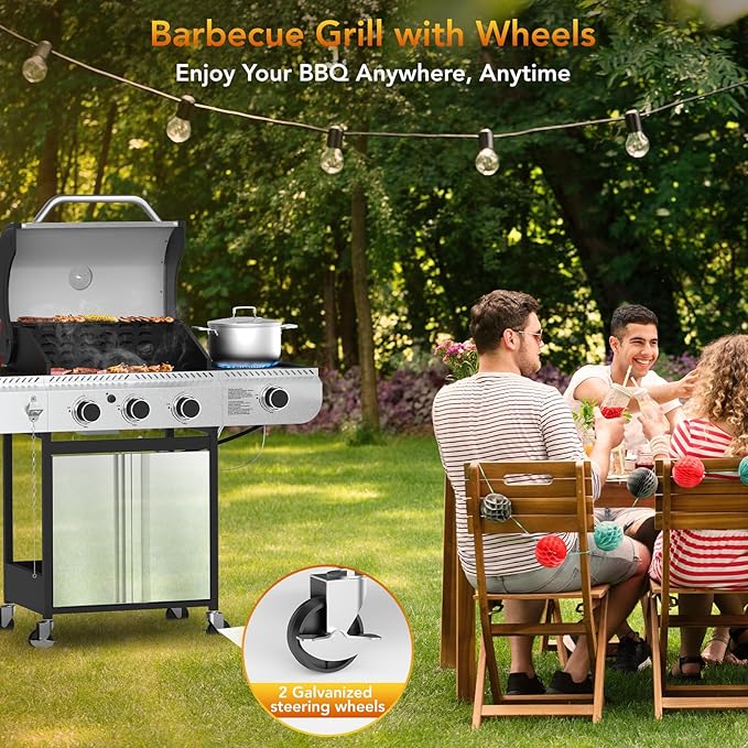 3-Burner Propane Gas Grill with Side BurnerStainless Steel BBQ Grill with Porcelain-Enameled Cast Iron Grates37000 BTU Barbecue Grill Suitable for PatioCampingOutdoor Cooking