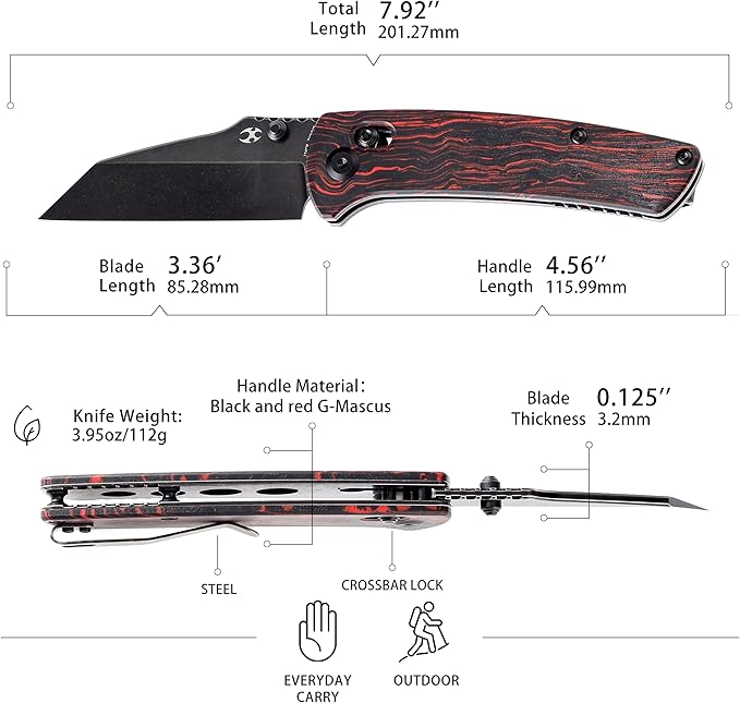 KANSEPT Main Street Pocket Folding Knife 3.36''Black 154CM Sharp BladeBlack and Red G-Mascus Handle with Axis Lock and Thumb Stud Perfect Clip for Camping Hiking Fishing Gift Everyday Carry T1015v5