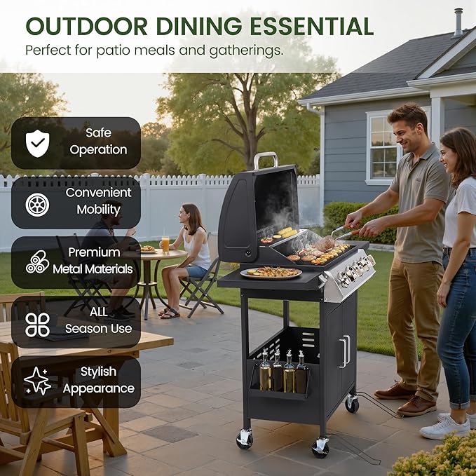 HUGROVE 4-Burner Propane Gas BBQ Grill Upgraded 40000 BTU Stainless Steel Barbecue Grill with Foldable Side Tables Spice Rack &amp Wheels for Outdoor Cooking