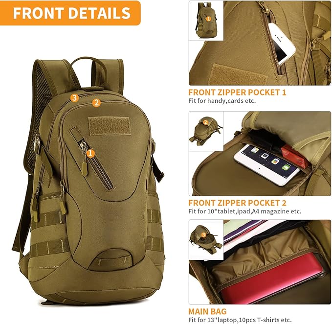 HUNTVP Military MOLLE Backpack Rucksack Gear Tactical Assbault Packbag 20L for Hunting Camping Trekking Travel | Rucksack Gear Assbault Packbag Hunting Camping