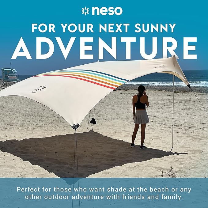 Neso Gigante Portable Beach Tent Sun Shelter - Lightweight Beach Shade Canopy - Easy Setup for Family Outings - Patented Reinforced Corners - UPF 50+ Sun Protection - 8ft Tall 11 x 11ft - Rainbow